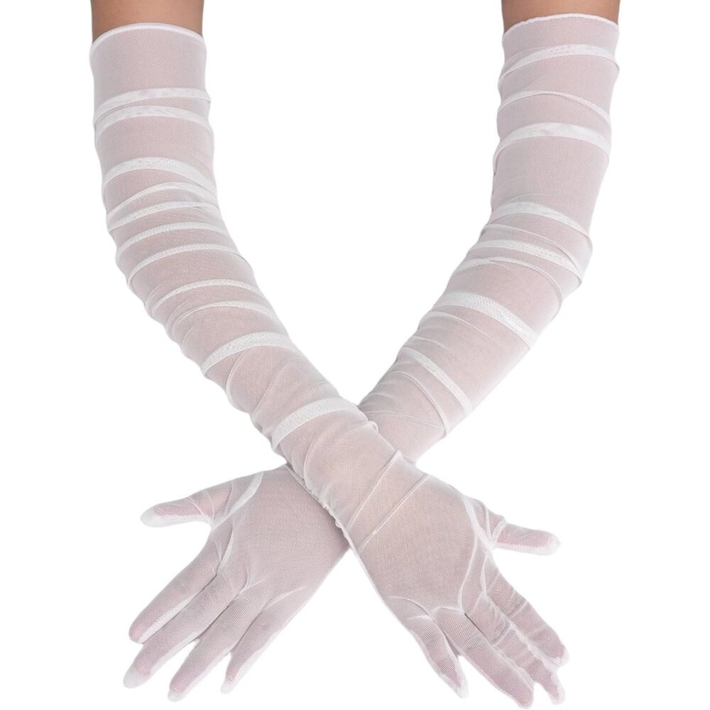 Women's White Tulle Mesh Satin Long Sheer Gloves Wedding Opera Party Prom